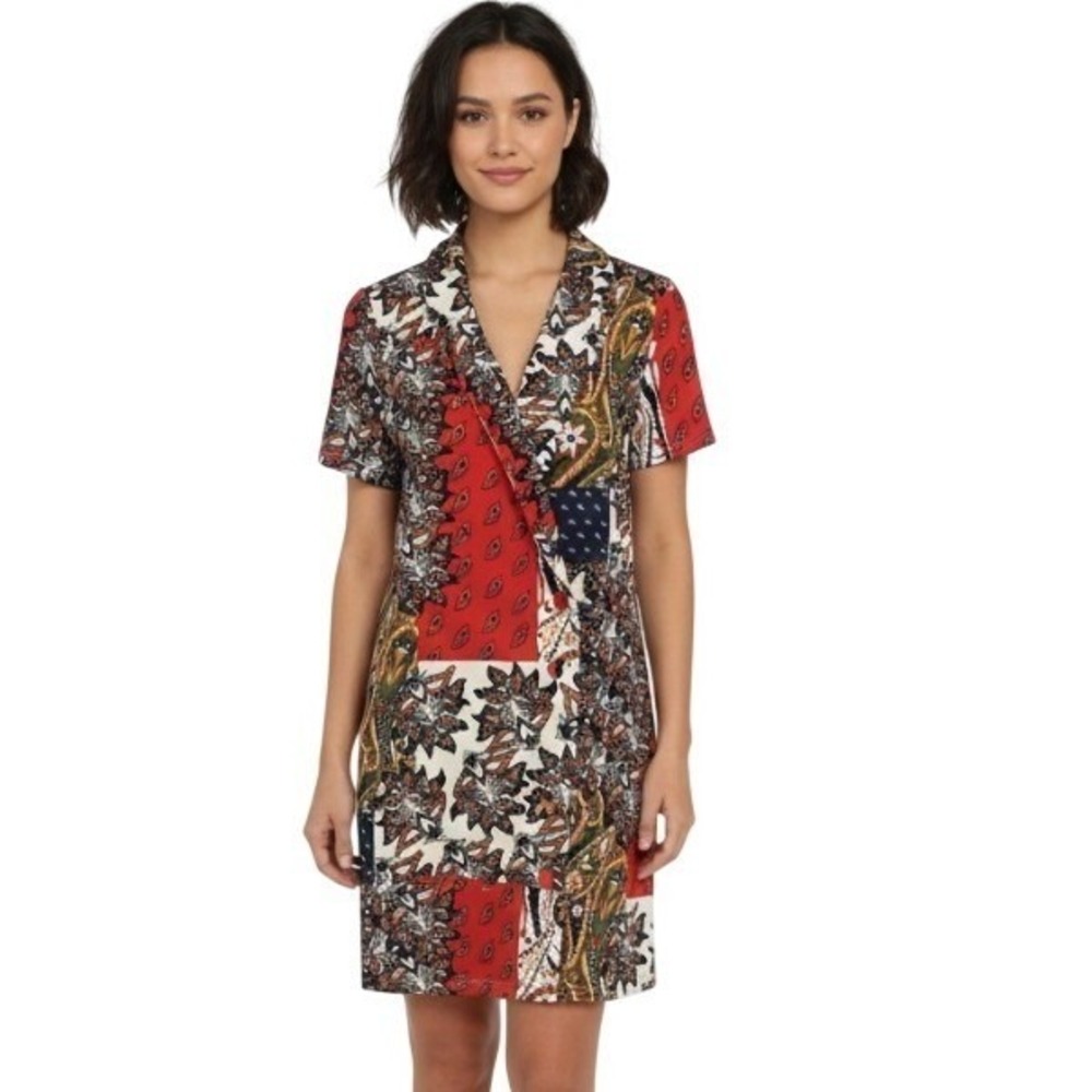 Zara Shirt Dress Womens L‎ Multicolor Patchwork Paisley Boho Short Sleeve Mini